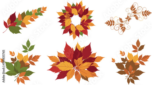 Autumn leaves decorative collection with maple wreath floral arrangements and seasonal foliage elements isolated vector illustration set