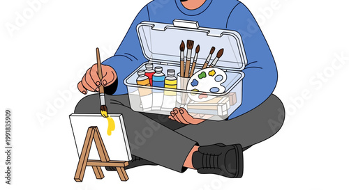Person painting on canvas with art supplies and easel