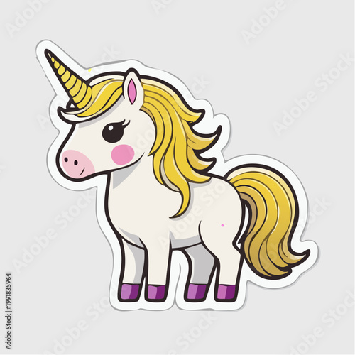 Cute cartoon unicorn with golden mane and purple hooves