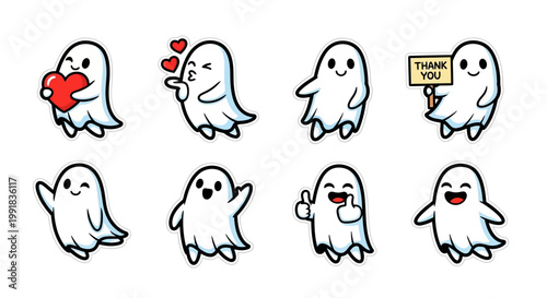 A delightful Kawaii ghost sticker sheet collection showcasing adorable cartoon spirits with various expressions like love, happiness, and gratitude, ideal for playful designs
