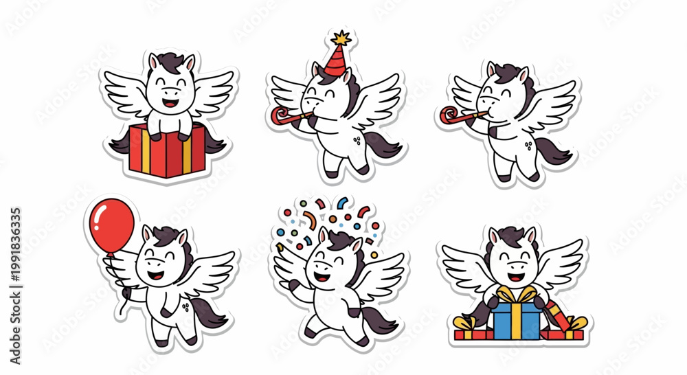 Fototapeta premium Delightful Kawaii pegasus character sticker sheet, featuring winged ponies celebrating with gifts, balloons, and party accessories, perfect for joyous festive designs