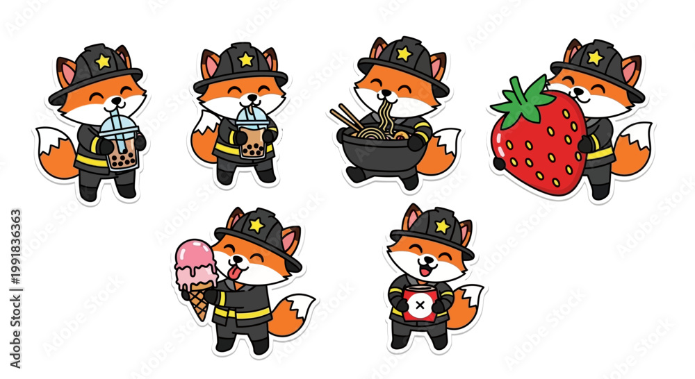 Fototapeta premium Kawaii Firefighter Fox Sticker Sheet Set Adorable Cartoon Animals Enjoying Snacks, Drinks, and Everyday Activities in a Cute, Playful Style
