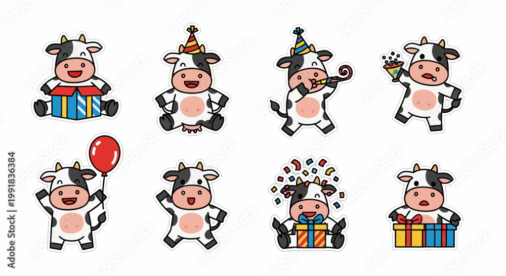 Fototapeta premium Adorable Kawaii farm animal birthday celebration vector illustration sticker sheet, featuring cute cows with party hats, gifts, balloons, and confetti for joyful festivities