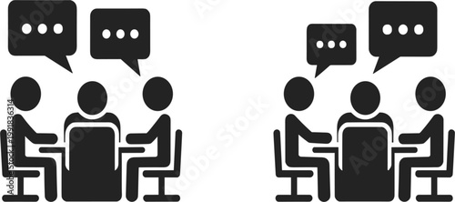 Professional set of black icons showing business people sitting at table with speech bubbles for team meeting vector