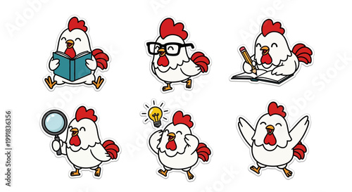 Adorable Kawaii Chicken Intellectual Journey Sticker Sheet Collection - Cute Cartoon Fowl Character Expressions for Learning and Discovery