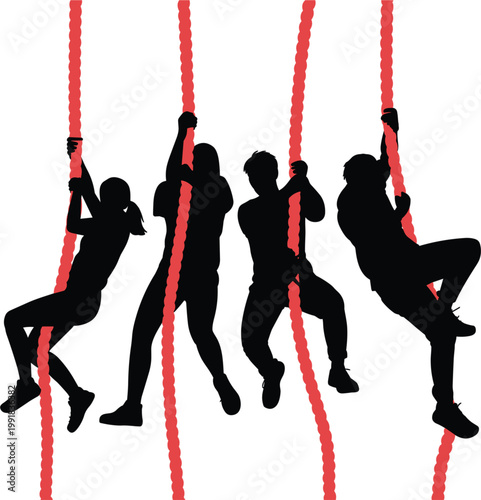Professional black silhouette of a group of athletes climbing vertical red ropes for extreme outdoor adventure team training concept vector