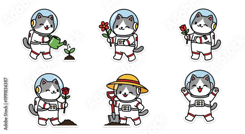 Adorable Kawaii astronaut cat sticker sheet featuring cute felines nurturing plants in zero gravity, perfect for space gardening themes and cosmic adventure designs