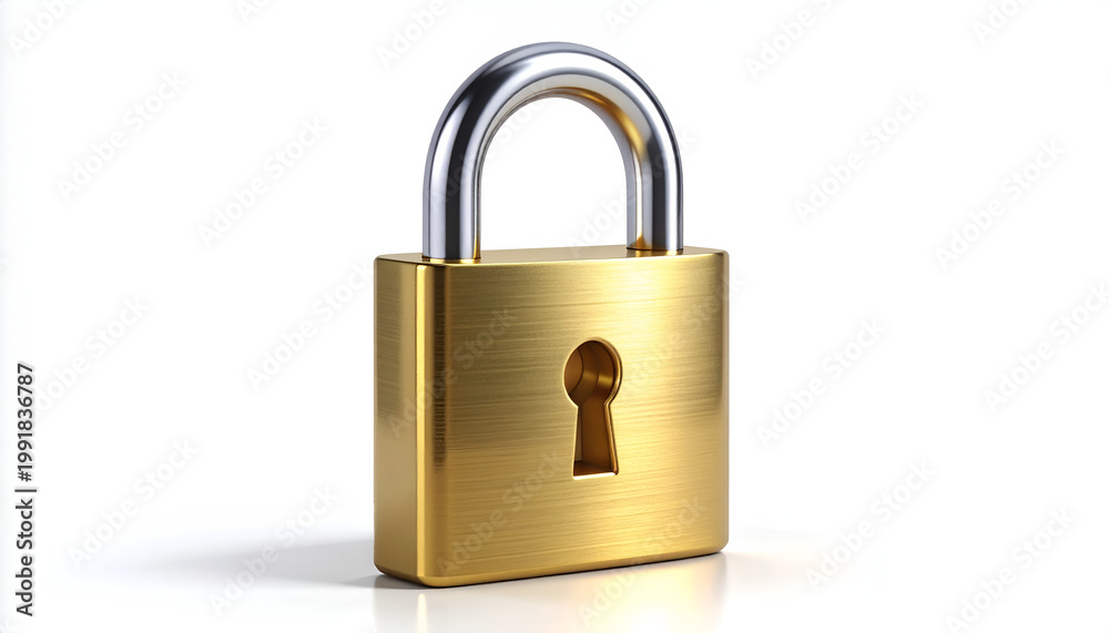 Naklejka premium A gleaming gold padlock rests on a pristine white surface, symbolizing security and protection with its polished metallic sheen.