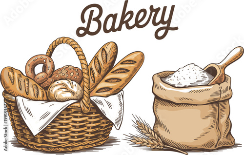 Professional hand drawn bakery basket with baguettes and pretzel next to flour sack and wheat for bakehouse concept vector