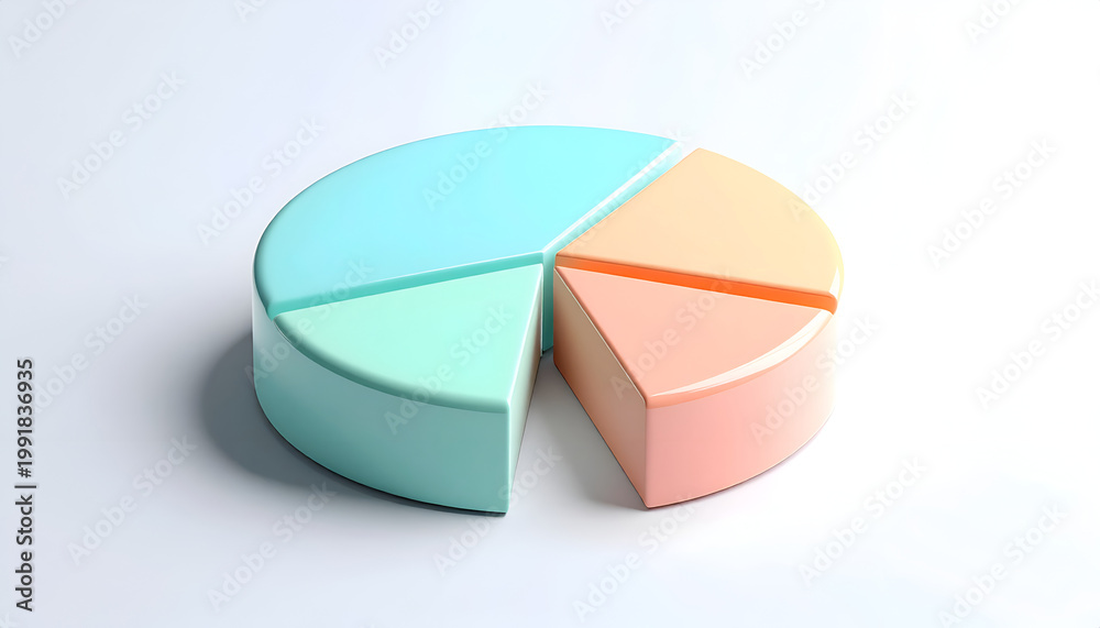 Obraz premium A three-dimensional pie chart with five segments in varying pastel colors sits on a clean white surface, representing data visualization and statistical analysis.