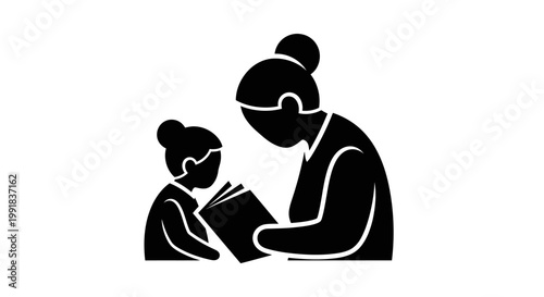 Mother and child reading a book together illustration.
