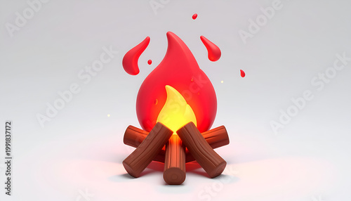 A stylized, 3D rendering depicts a vibrant campfire with glowing flames and neatly stacked logs.