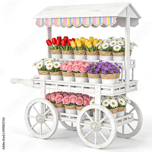 Vintage white flower cart with colorful spring blossoms, 3D render of a wooden florist kiosk with roses, tulips and daisies isolated on white background