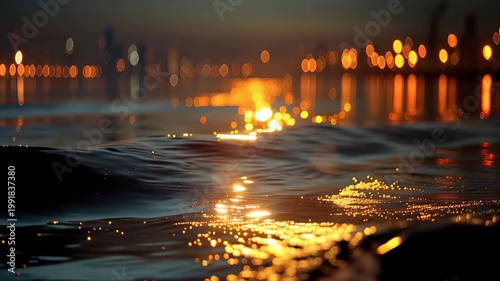 Bokeh lights and water reflections create a vibrant scene at night