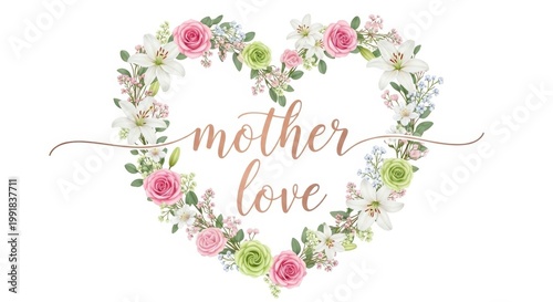 Mother Love elegant calligraphy text, heart shaped floral wreath with pink roses and white lilies, romantic botanical frame on white background