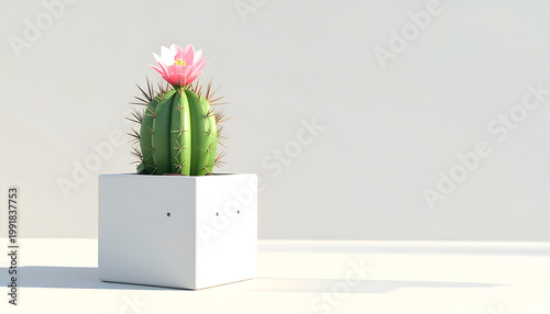 A vibrant pink flower blooms atop a green cactus planted in a minimalist white cube against a soft, neutral background, creating a striking contrast of textures and colors.