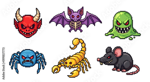 Pixel Art Fantasy Monster and Enemy Icons Set for Retro Games