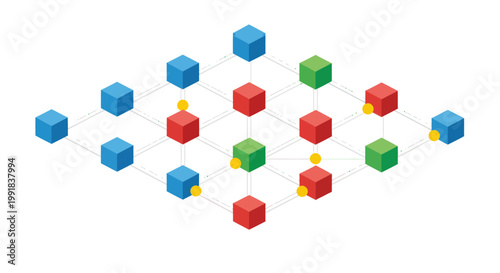 Blockchain network with interconnected colored cubes representing data blocks.