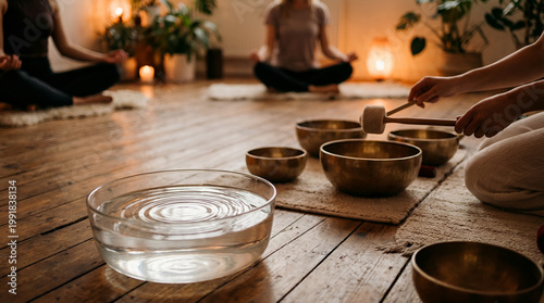Meditation sound bowl water design yoga harmony calm relaxation wood meditation group share sound bowl water design practice for deep calm