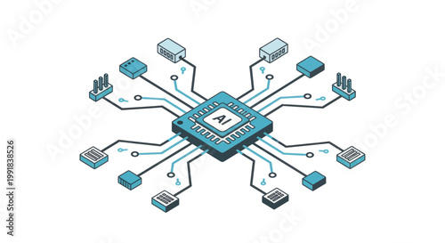 Isometric AI Processor Chip with Connected Components.