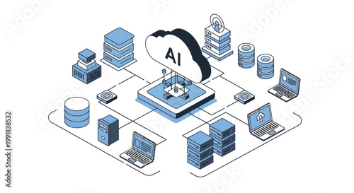 Isometric AI Cloud Computing Network with Data Servers and Laptops.