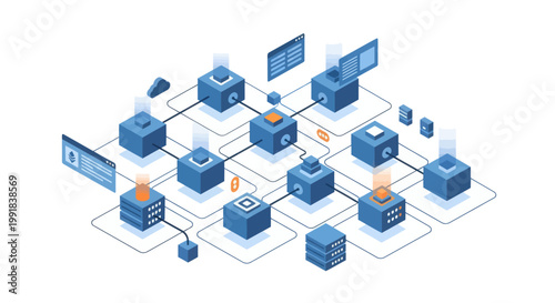 Isometric Blockchain Network with Connected Data Blocks and Servers.