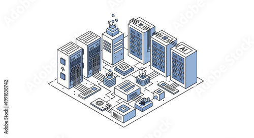 Isometric city with modern buildings and urban infrastructure.
