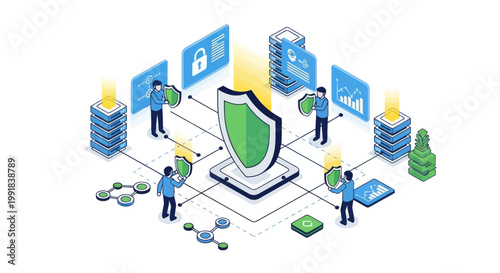 Isometric Cybersecurity Concept with Shield and Network Protection.