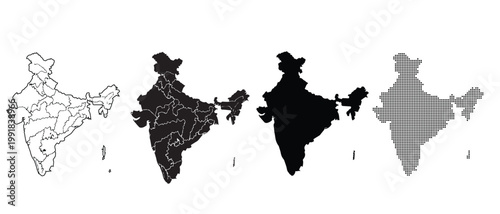 Four variations of India map: outline, states, solid silhouette, and dotted.