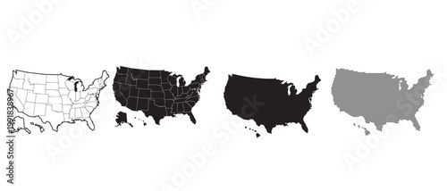 Collection of four United States maps: outline, states, solid, and patterned.