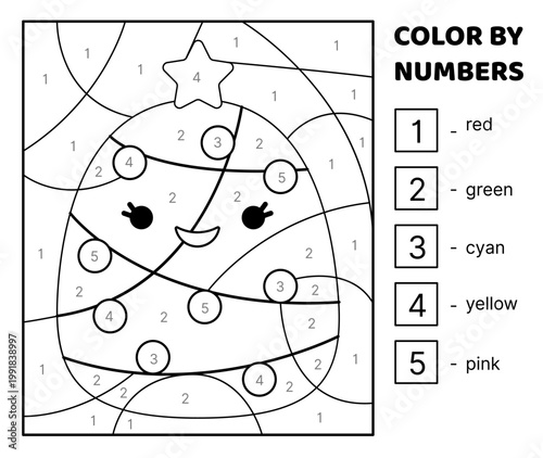 Black and white Christmas tree. Color by number. Coloring page. Game for kids. Isolated vector illustration eps 10
