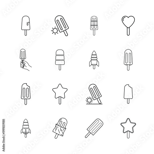 Minimalist Popsicle and Ice Cream Icon Set Summer Dessert Collection Line Art Vector illustration.
