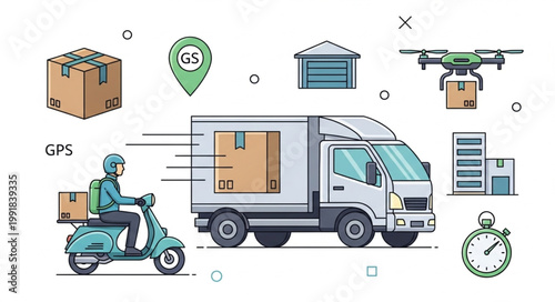 Delivery services with truck scooter drone and packages.