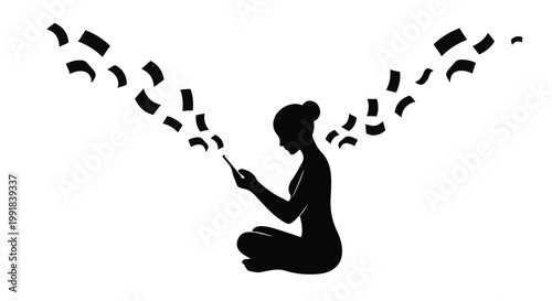 woman using smartphone with flying symbols