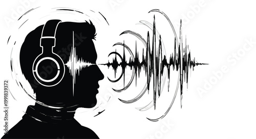 man wearing headphones with sound waves coming out