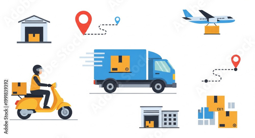 Logistics and delivery services illustration with various transportation methods.