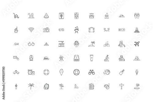 Minimalist Travel and Summer Icon Set Vacation Tourism Outline Collection Line Art Vector illustration.