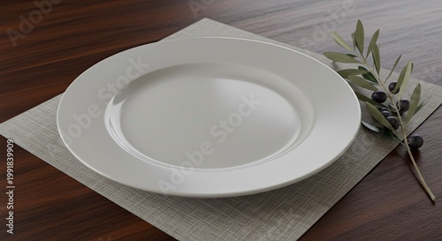 White Plate with Olive Branch on Wooden Table