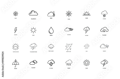 Minimalist Weather Icon Set Sun Cloud Rain Storm Wind Symbols Line Art Vector illustration.