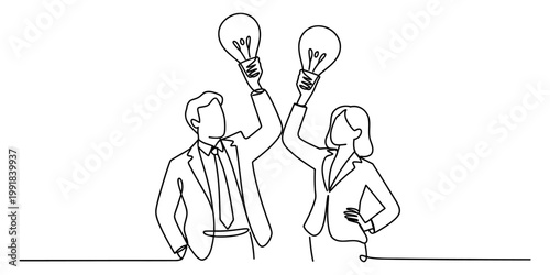 A continuous line drawing of a businessman and a businesswoman holding light bulbs together. Vector, illustration