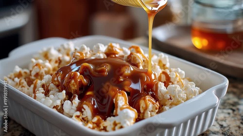 Caramel is poured on popcorn in a baking dish in a kitchen setting in the afternoon