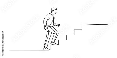 Continuous line drawing of a businessman walking up the stairs representing professional success Vector, illustration