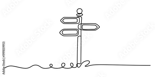 A single continuous line drawing of a blank wooden signpost for directions on a white background Vector, illustration