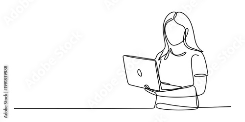 A single line drawing of a young woman standing while working on her laptop computer in an office Vector, illustration