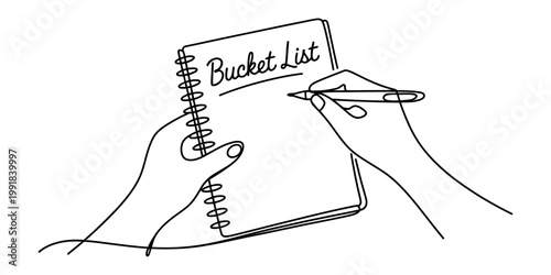 A single line art drawing of a person holding a notebook while writing on a bucket list page. Vector, illustration
