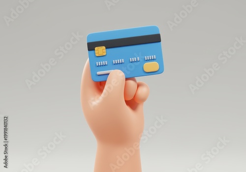 3 d cartoon hand holding a blue plastic credit card with a yellow chip and magnetic stripe on a neutral 3d