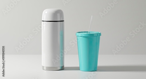 White Thermos and Teal Tumbler with Straw