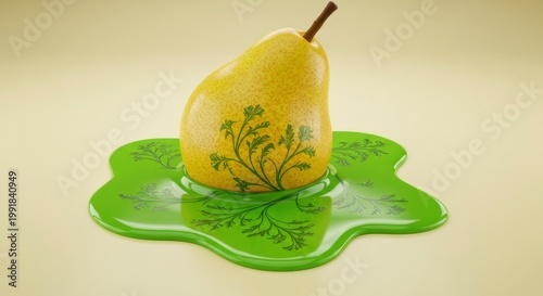 Yellow Pear with Green Floral Design on Green Liquid