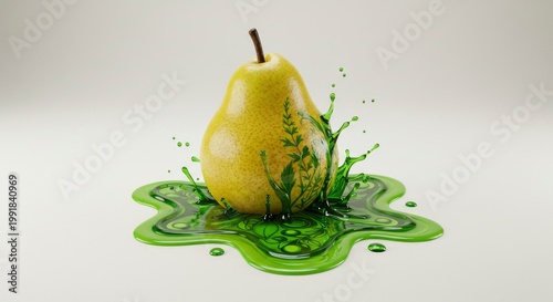 Yellow Pear with Green Liquid Splash