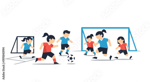 Children playing soccer game on a field.